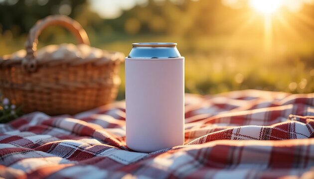 Blank white beverage can cooler sleeve on a picnic blanket with a basket in a sunny outdoor park setting. koozie mockup