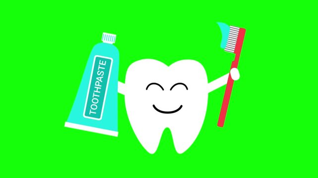 Animated tooth character holding a toothbrush and toothpaste blinks and smiles against a green screen background.