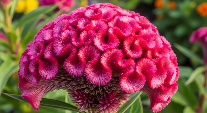 Vibrant pink cockscomb flower blooming in a garden.