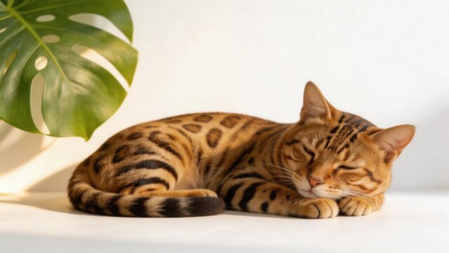 Bengal cat sleeping with monstera leaf