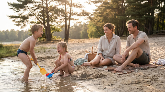 Happy family with two children enjoying a summer picnic and playing with sand toys on a lake beach at sunset.