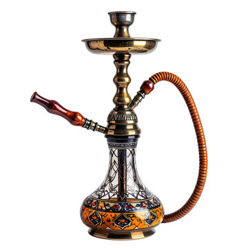 A detailed studio shot showcases an ornate, antique hookah against a stark black background, highlighting its intricate design and craftsmanship.