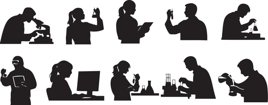Scientist silhouettes performing laboratory research and analysis on white background