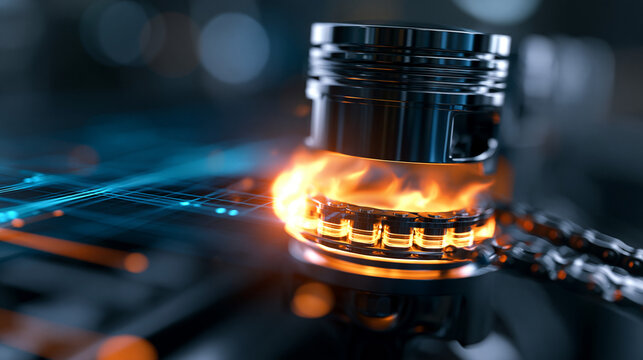 Close-up of an internal combustion engine piston with a fire explosion and moving timing chain for a dynamic combustion visualization. Piston fire explosion, timing chain,