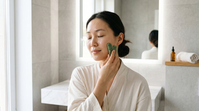 Close-up of a young Asian woman using a jade or gua sha stone for facial massage in a modern bathroom with a mirror reflection