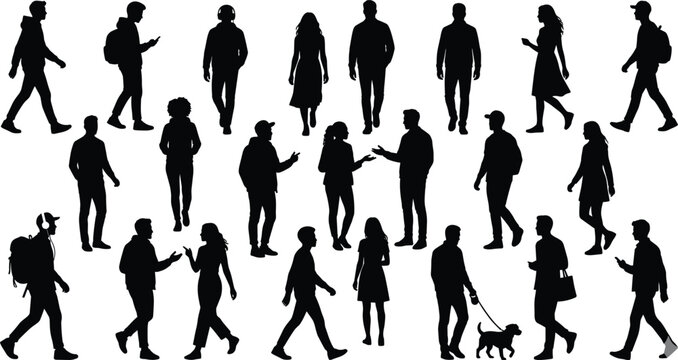 Diverse crowd silhouette vector illustration with people in front back and side views for social concept isolated background