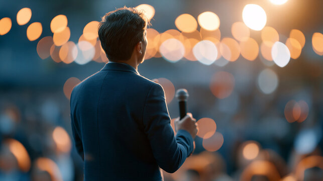 Faceless comedian performing an improv comedy show for a spontaneous and live entertainment concept. Defocused audience background. Improv comedian, live performance, spontaneous
