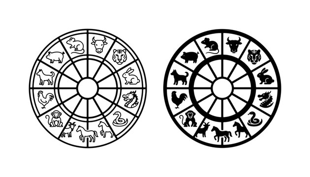 Chinese Zodiac Animal Signs Circular Chart Set, Eastern Astrology Wheel Icons, Lunar Calendar Symbols, Vector Illustration