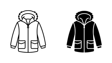 Winter Parka Icons, Fur Hooded Jacket Vector Set, Cold Weather Apparel Outline and Silhouette, Outdoor Clothing Graphics © Sanim