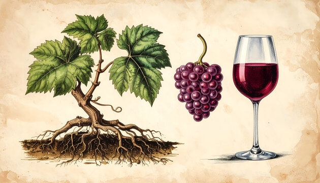 Grapevine botanical illustration showing roots leaves and grape cross section with labeled wine glass on aged parchment in vintage encyclopedia style generative AI