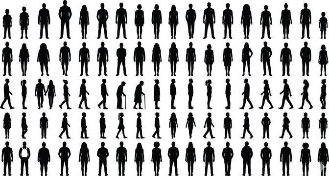 Large group of people silhouettes vector set with front back and side view poses isolated on white background