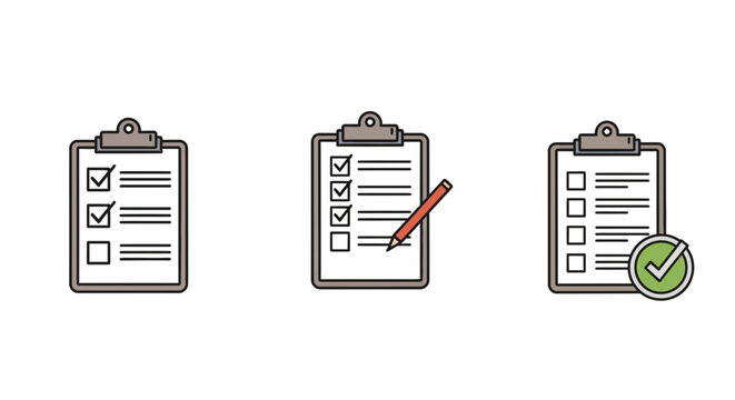 Clipboards With Checked and Unchecked Boxes, Checkmarks, Green Approval Circles and Pencil