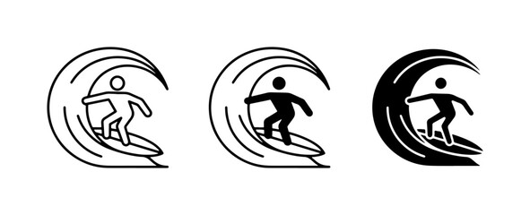 Surfer Riding Wave Icons, Silhouette and Outline Styles, Vector Graphics for Sports and Ocean Themes © Sanim