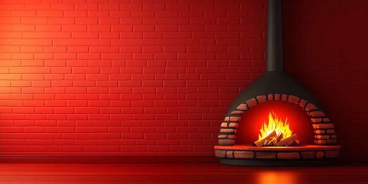 Black stove with a burning fire on a red brick wall background. home interior, vintage fireplace for the winter season.