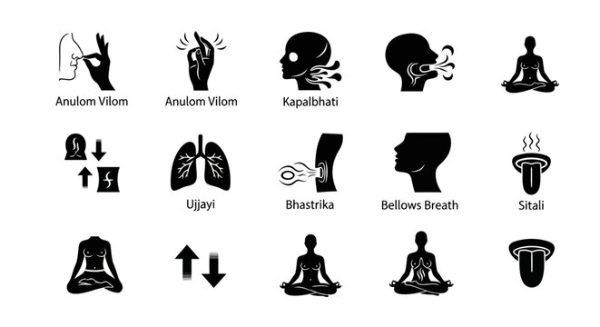 Black and White Yoga Poses and Breathing Techniques Diagram Set on White Background