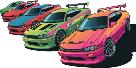 Colorful JDM drift cars vector illustration with modified Japanese sports coupes isolated on white background © Md
