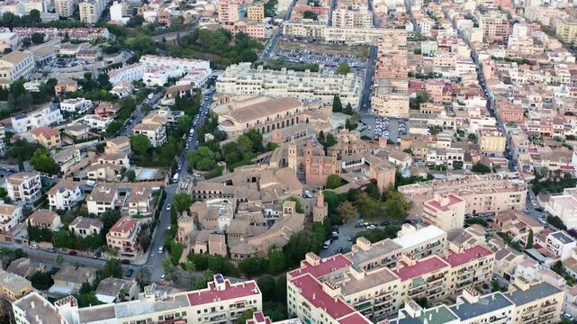 Aerial view of urban landscape of Palma Mallorca in Spain. Historical buildings in cityscape of tourist city with ancient architecture of European Mediterranean travel.