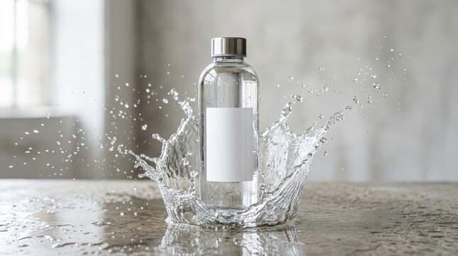 Clear water bottle with splash in studio setting