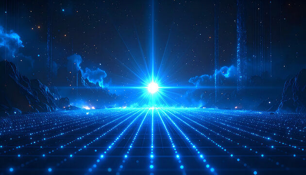 Futuristic Blue Light Grid with Bright Starburst Center.