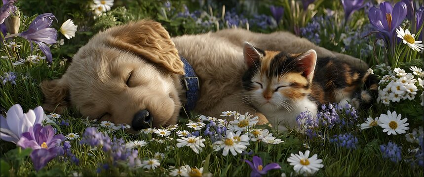 A golden retriever puppy and a calico kitten sleep peacefully nestled together in a field of colorful spring wildflowers and green grass