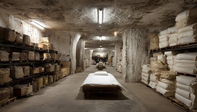 Cavernous underground storage facility filled with stacked goods and a single bed in the center aisle, illuminated by overhead lights