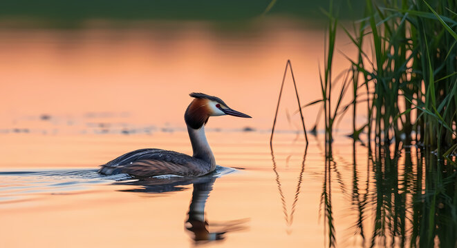 Great crested grebe swimming in golden hour lake water.