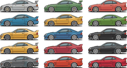 Japanese drift cars and JDM sports coupes vector collection isolated on white background for motorsport design © Md