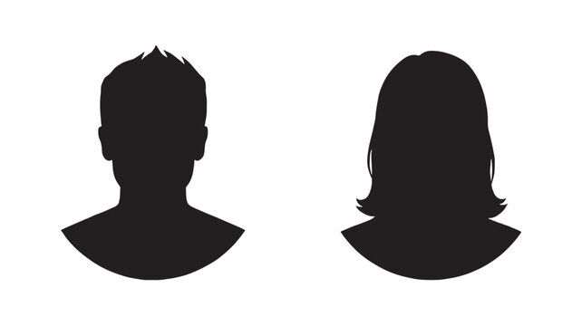 Silhouette portraits of man and woman heads viewed from front for avatar, profile, and user identity design