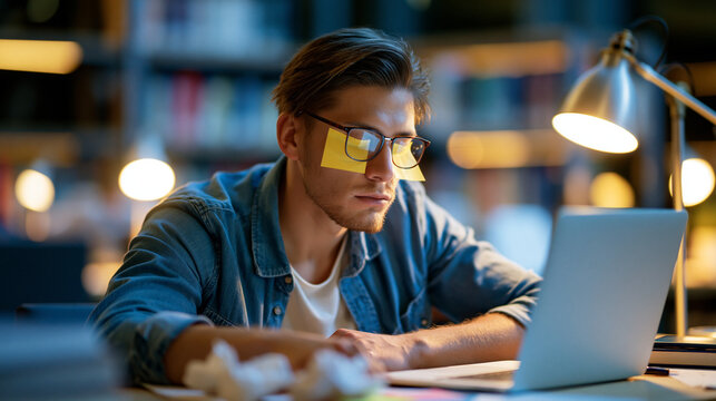 Faceless exhausted male student with sticky notes on his eyes pretending to sleep at a desk in a library while studying late with a laptop and crumpled papers nearby. Defocused