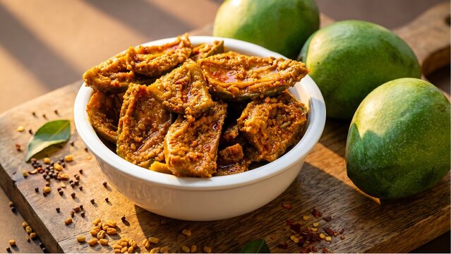 A white bowl overflowing with spicy mango pickle pieces, surrounded by whole green mangoes and scattered spices on a wooden board