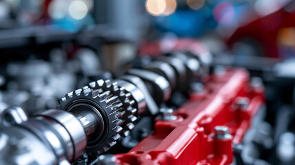 Naklejka premium Internal combustion engine camshaft and gears with a red valve cover for a detailed automotive engineering and mechanical concept. Camshaft gears, red valve cover, automotive