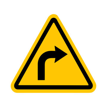 Yellow Triangle Sharp Bend Sign. Right Angle Turn Warning. Geometric Road Caution Illustration. 