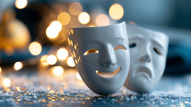 White comedy and tragedy ceramic mask ornament on a festive snowy background for a theatrical art and drama school greeting card concept. White masks ornament, festive snowy,