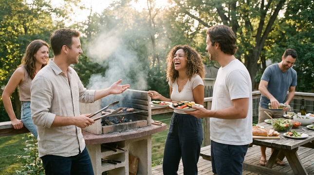 Group of happy diverse friends having a summer barbecue on an outdoor wooden deck, grilling meat and vegetables while laughing together at sunset.