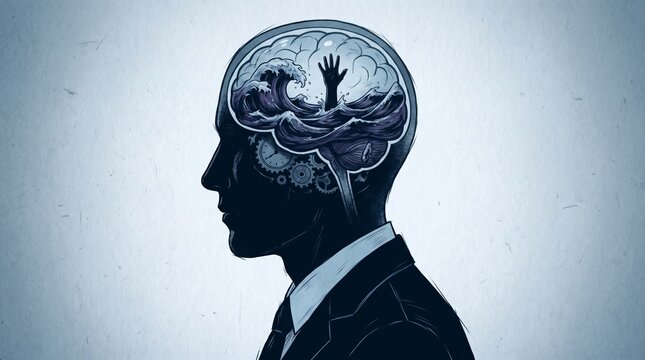 A powerful conceptual illustration of a businessman's silhouette with an ocean of waves and a reaching hand inside his head, symbolizing mental health struggles, burnout, and emotional distress.