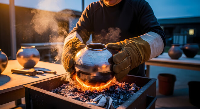 Blacksmith heating metal pot in glowing charcoal fire forge.