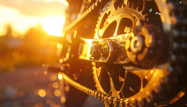 Close-up of Golden Steampunk Gears and Chain with Sunset Glow.