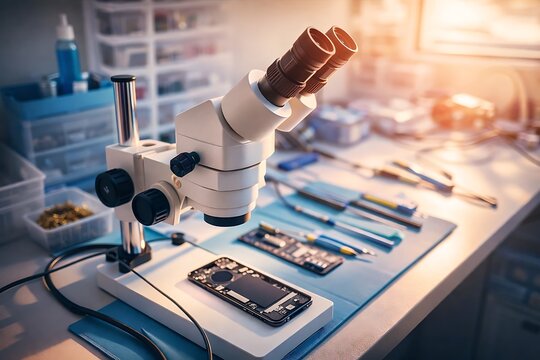 Stereo microscope and electronic components on a workbench, illuminated by warm sunlight, suggesting intricate repair or analysis