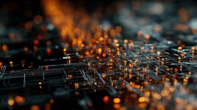 Fiery Trail of Sparks: A mesmerizing image capturing the dynamic dance of glowing sparks, illuminating the intricate pathways of a futuristic circuit board, showcasing technology's raw energy.