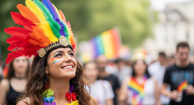 Woman with rainbow face paint and feather headdress at a parade, representing pride and celebration, symbolizing LGBTQ+ rights and diversity.