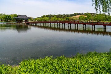 Fototapeta premium Poryongjeong Pavilion at Gungnamji Pond Seen from Grassy Shore