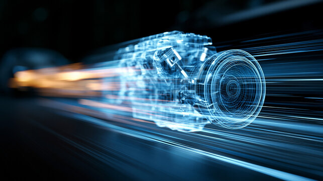 Futuristic wireframe hologram of a high-performance internal combustion engine with motion blur effects on a dark background for engineering and automotive design concepts.