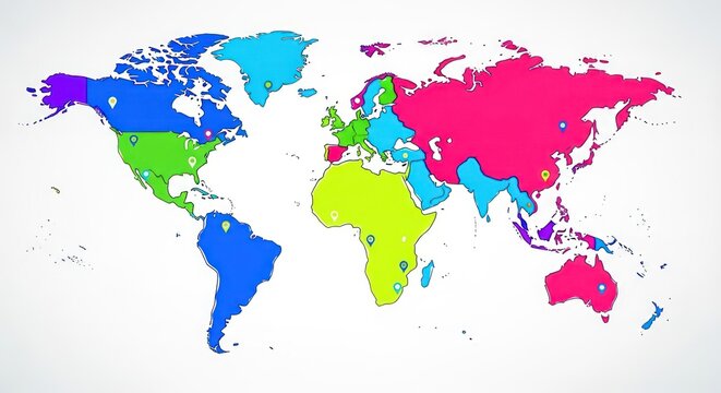 Colorful World Map with Location Pins Infographic.