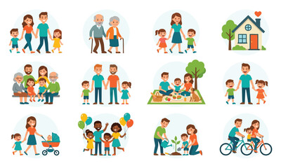 Fototapeta premium Flat vector illustration of diverse families engaging in daily activities, outdoor fun, and household scenes