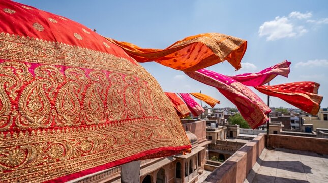 Vibrant colorful silk sarees drying in the wind on Jaipur rooftop, traditional Indian textile and fashion