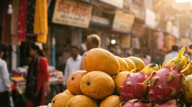 Fresh Alphonso mangoes and tropical fruits at Indian street market, vibrant summer harvest in Delhi bazaar