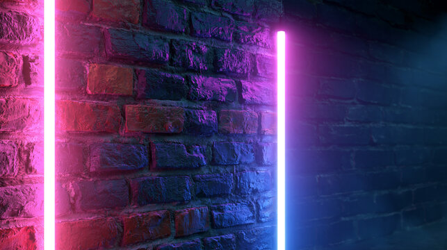 Vibrant pink and purple neon glowing light against a brick wall with copy space for an entertainment, live event, or comedy show banner concept. Neon pink purple, brick wall glow,