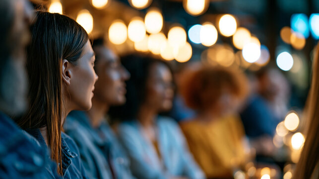 Faceless happy diverse group of people laughing and enjoying a comedy show in a cozy indoor venue for an entertainment concept. Defocused venue background. Diverse group comedy,