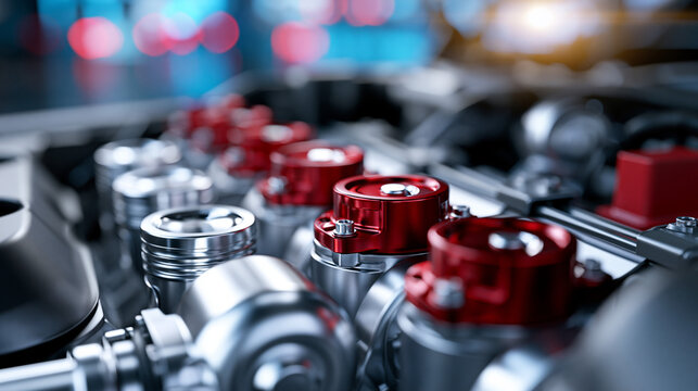 Robust silver internal combustion engine with red valve covers for a powerful and visually striking automotive engineering concept. Silver engine red valves, robust design,