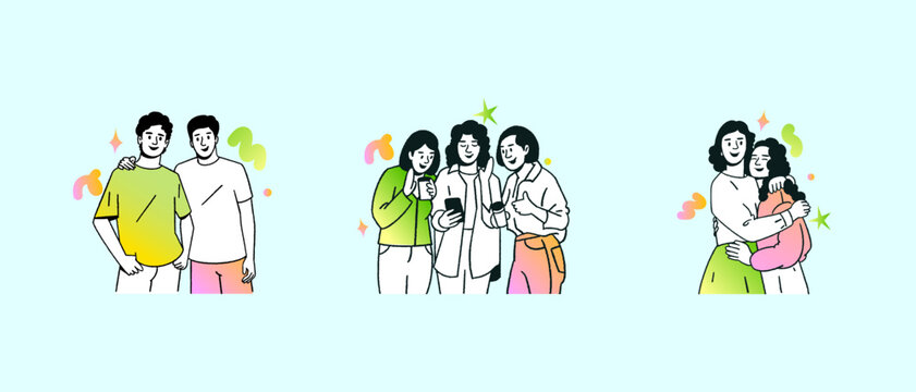 Diverse people cartoon character of young people, friends enjoying isolated scene fresh colours set